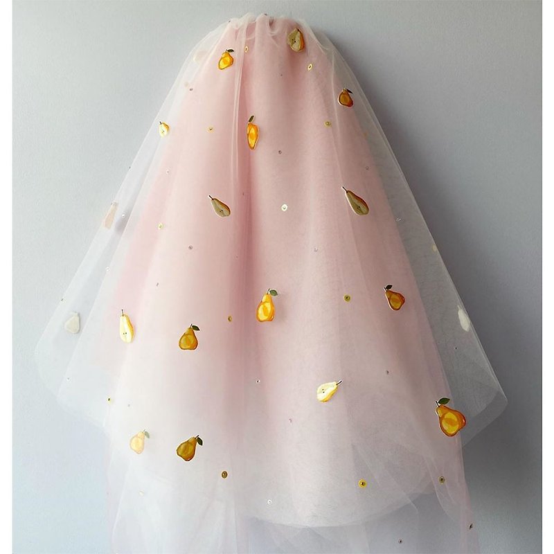 Choral pink Pear Wedding Veil - 髮夾/髮飾 - 聚酯纖維 粉紅色