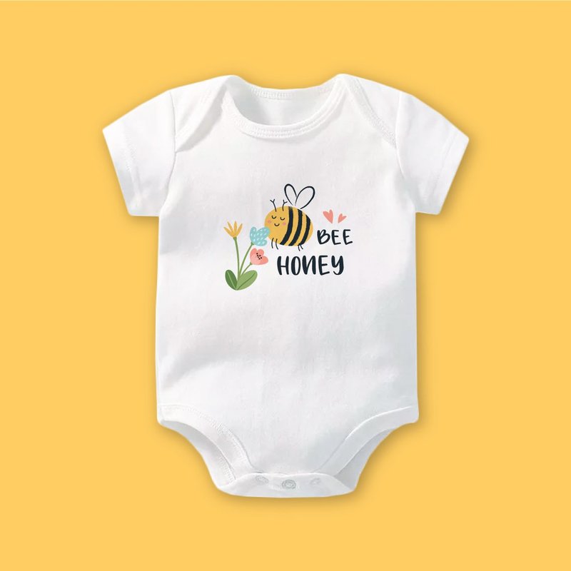 BEE哈尼小蜜蜂 短袖包屁衣 白 嬰兒 彌月 滿月 - 包屁衣/連身衣 - 棉．麻 白色