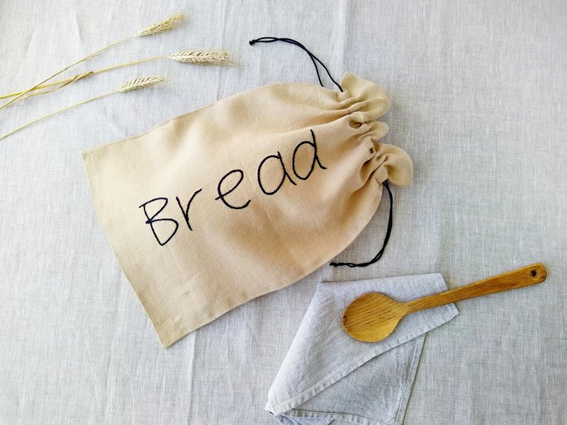 Reusable storage linen produce bags drawstring with embroidered, Bread bags, 透氣 - 調味罐/醬料罐 - 亞麻 咖啡色