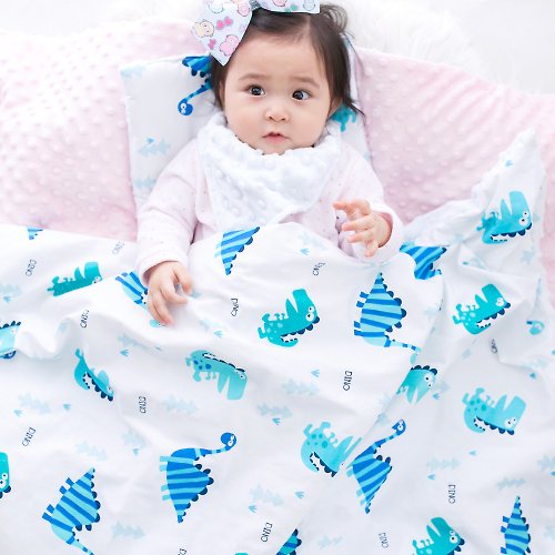 Cutie Bella 美好生活精品館 Minky加厚夾層棉毯枕套裝 點點顆粒 攜帶毯嬰兒毯 藍色-恐龍