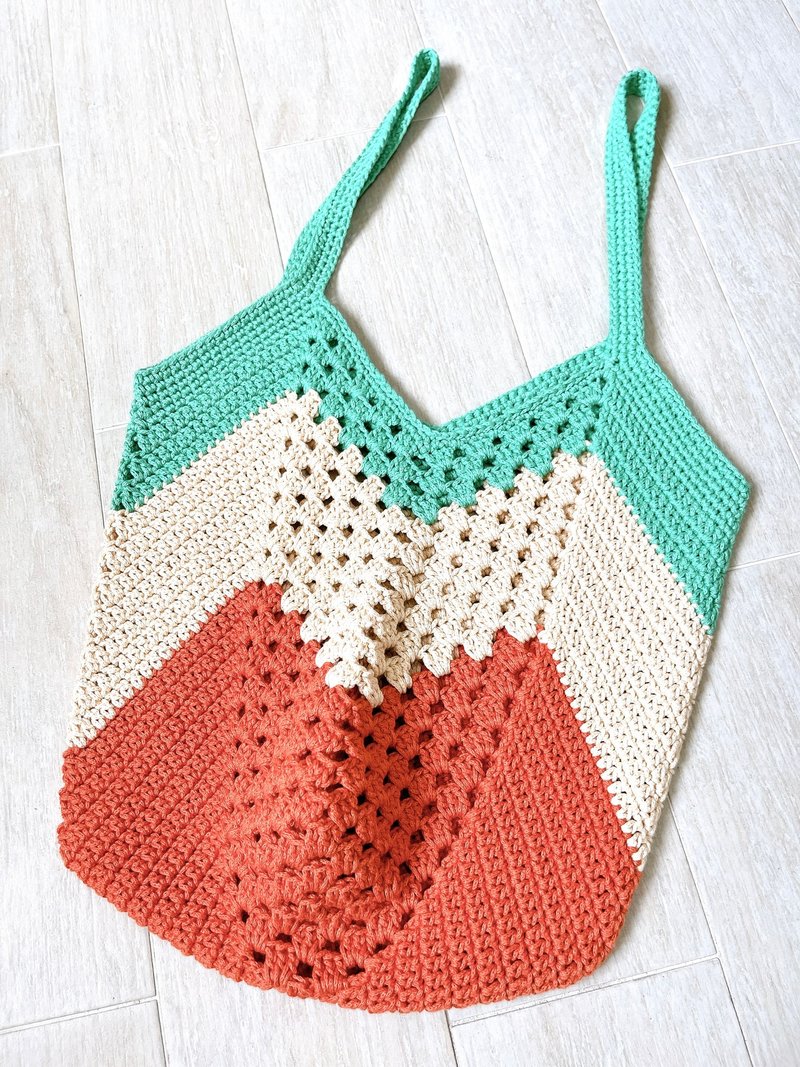 4-corner mesh woven orange, rice and mint green color block shoulder bag - Handbags & Totes - Cotton & Hemp 