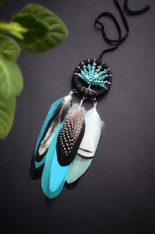 VIDADREAMS Small turquoise tree of life dream catcher car rear view mirror size รถดักฝัน