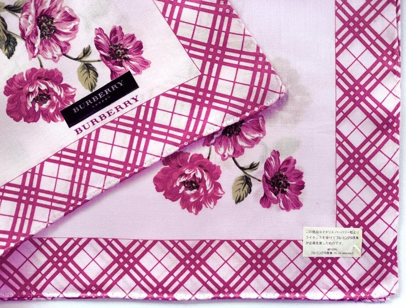 Burberry Vintage Handkerchief Pink Floral Roses Check Edge 20 x 20 inches - 手帕 - 棉．麻 