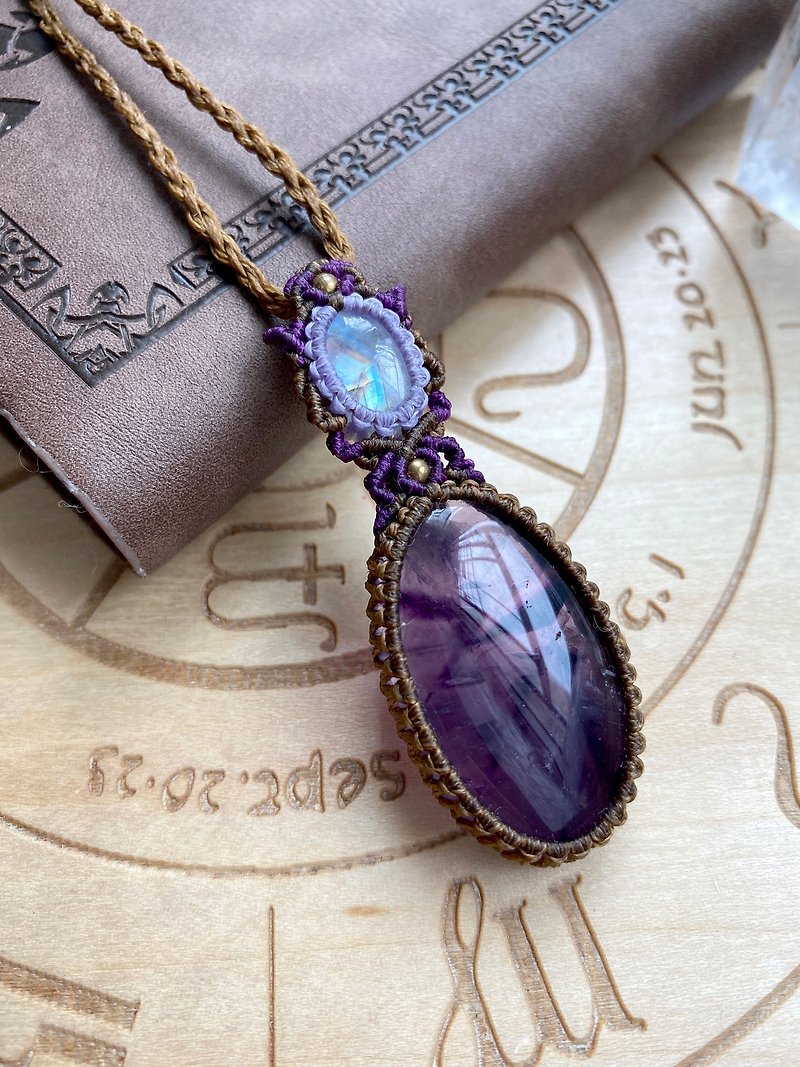 P147 Bohemian ethnic wind South American wax thread braided amethyst moonstone brass bead necklace - Necklaces - Crystal Purple