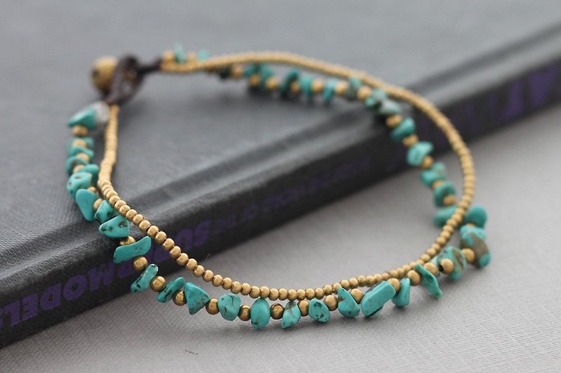 Turquoise Brass Beaded Anklets Woven Ankles Bracelets Hippy Boho Chic - กำไลข้อเท้า - ทองแดงทองเหลือง สีเขียว