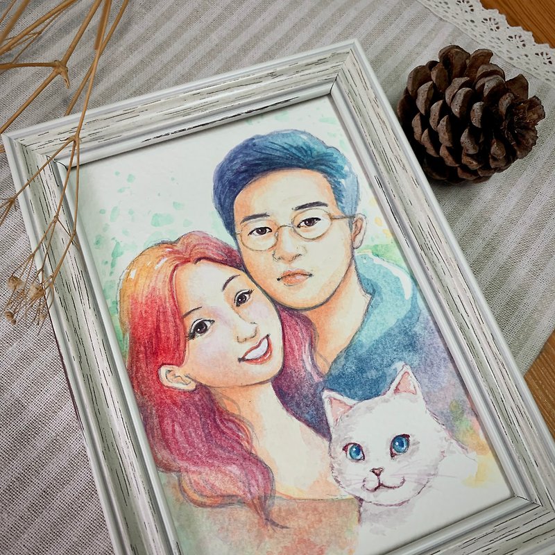 Painted in watercolor style – the three of us. Customized portrait / pet with frame 2 people 1 pet - Posters - Paper White