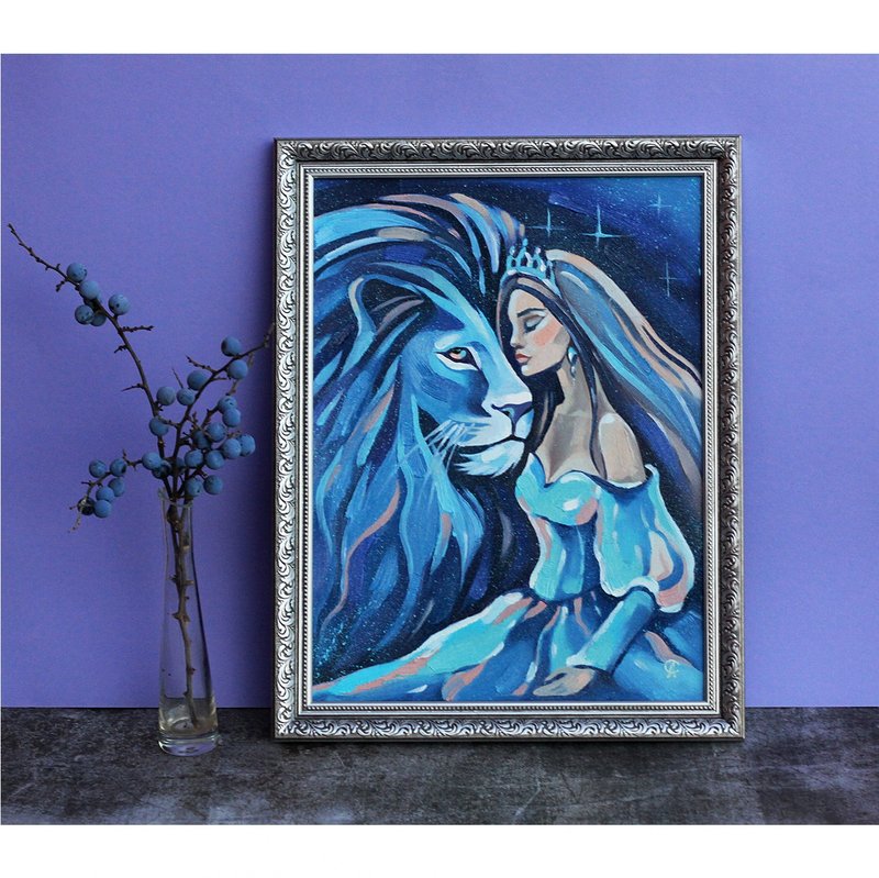 Lion Painting Animal Fantasy Original Art Fairytale Artwork Nursery Art - Posters - Other Materials Blue