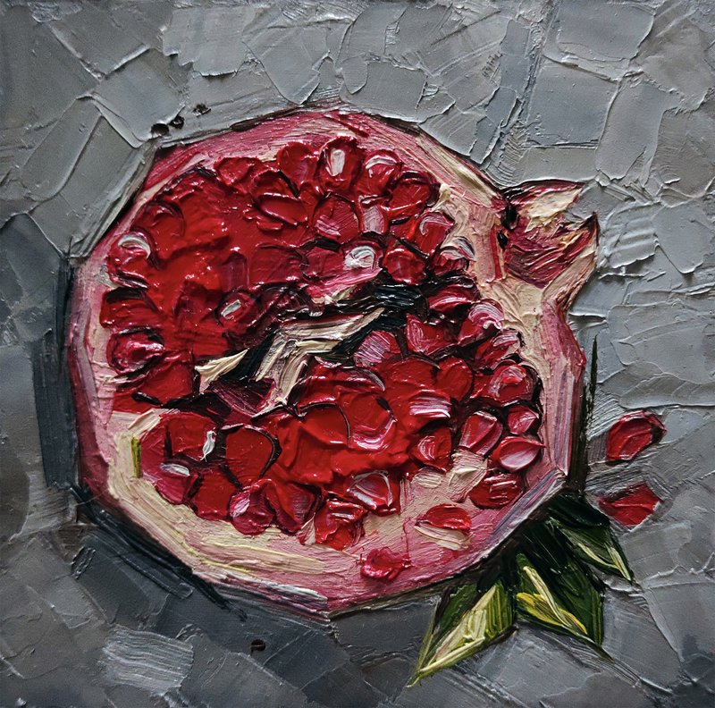 Pomegranate painting fruit hand-painted original painting impasto oil painting - 海報/掛畫/掛布 - 其他材質 紅色