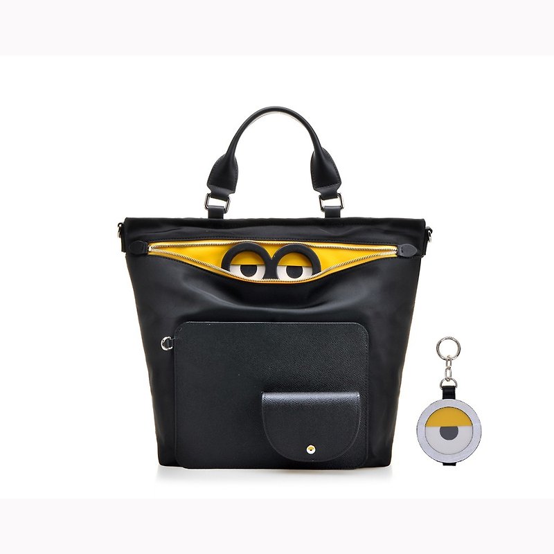 Minions Jacquard with Leather Tote bag - Handbags & Totes - Genuine Leather Black