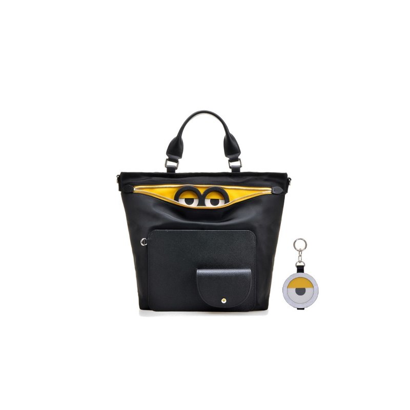 【Free Gift Event】Minions Jacquard with Leather Tote bag - Handbags & Totes - Genuine Leather Black