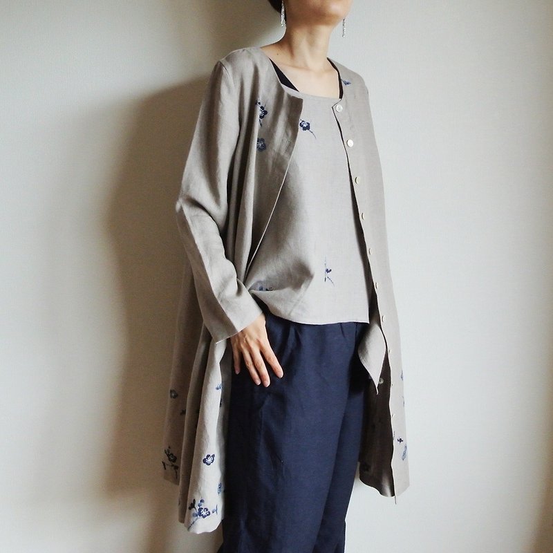 Linen coat dress plum - เสื้อแจ็คเก็ต - ผ้าฝ้าย/ผ้าลินิน สีเทา