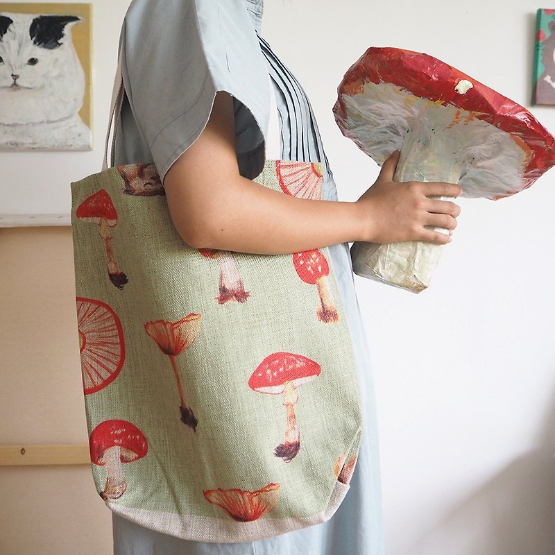 側背包/棉麻包/休閒包/大容量包包/手繪風/迷幻蘑菇 - 側背包/斜背包 - 棉．麻 綠色