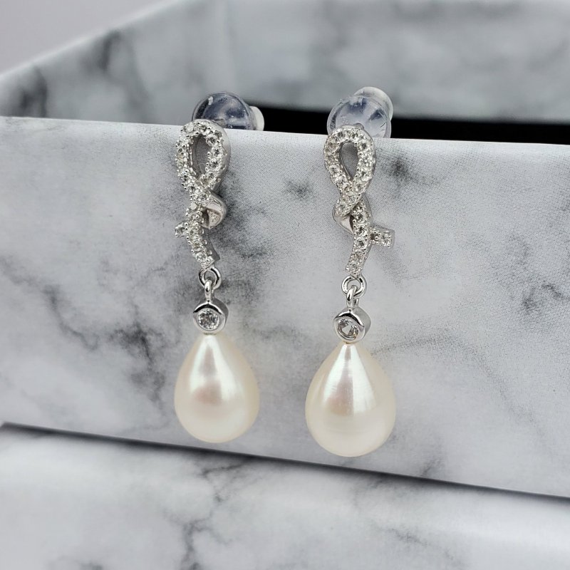 Adorable Natural White FW Pearl Sterling Silver CZ Ribbon Dangle Wedding Earring - ต่างหู - ไข่มุก ขาว