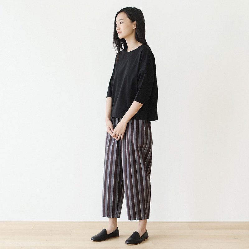 KOOW Japanese high-density plain cotton wide stripes color-block silhouette pants drawstring fold waist - Women's Pants - Cotton & Hemp 