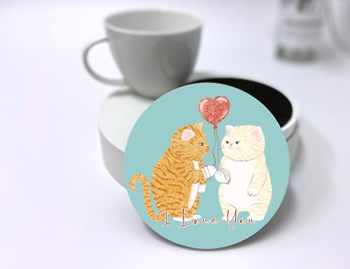 Ying Creative 瑩然創意工作室 插畫陶瓷吸水杯墊—情侶貓(藍綠色)