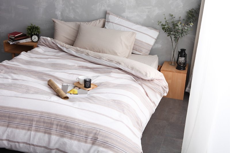 Natural washed quilt cover bed bag pillowcase set - white x khaki - เครื่องนอน - ผ้าฝ้าย/ผ้าลินิน สีกากี
