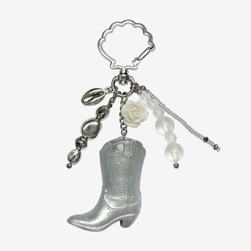 Vintage Silver Western Boots with Rose Beaded Keychain Bag Charm Gift - 鑰匙圈/鑰匙包 - 其他材質 銀色