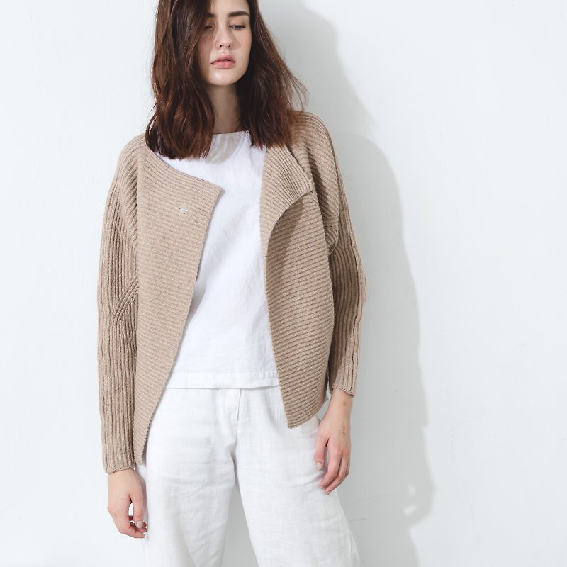 Horizontal-ribbed wool cardigan - Beige - Women's Sweaters - Wool Khaki