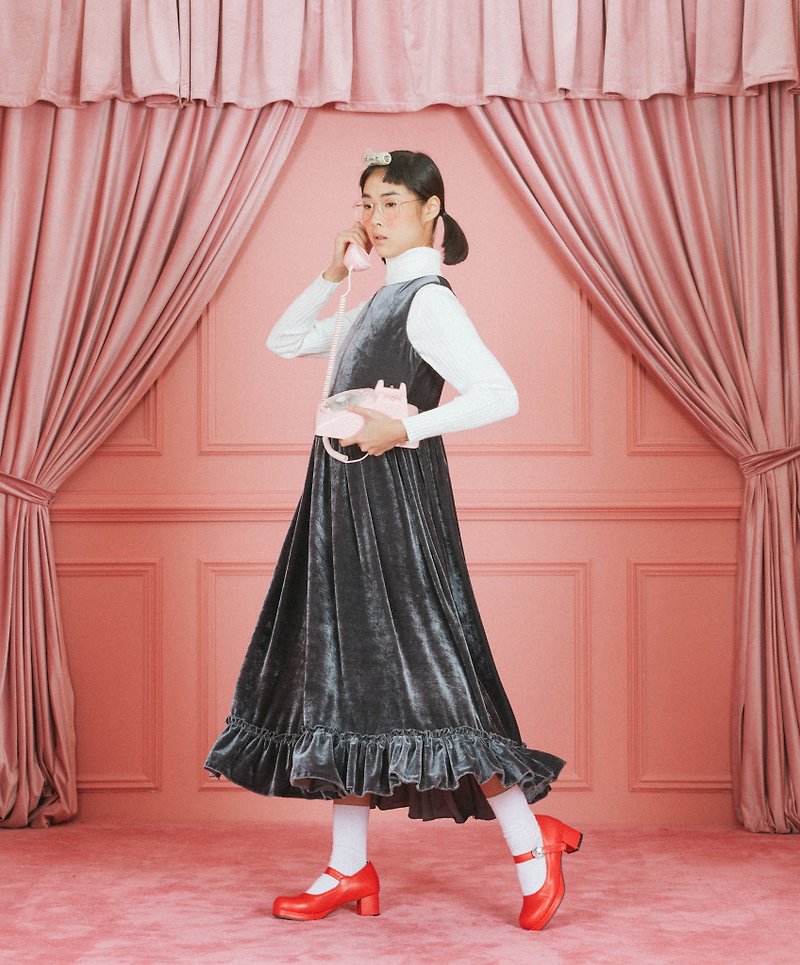 Velvet sleeveless dress with ruffles (girl’s) - One Piece Dresses - Cotton & Hemp Gray