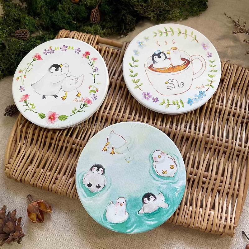 Penguin's Tea Time Ceramic Absorbent Coaster - ที่รองแก้ว - ดินเผา หลากหลายสี