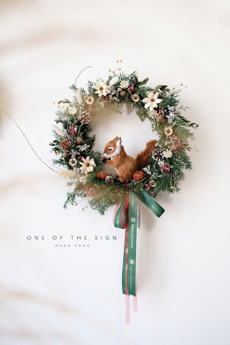 [Christmas decoration] Squirrel immortalized Christmas wreath 40cm - Dried Flowers & Bouquets - Plants & Flowers Green