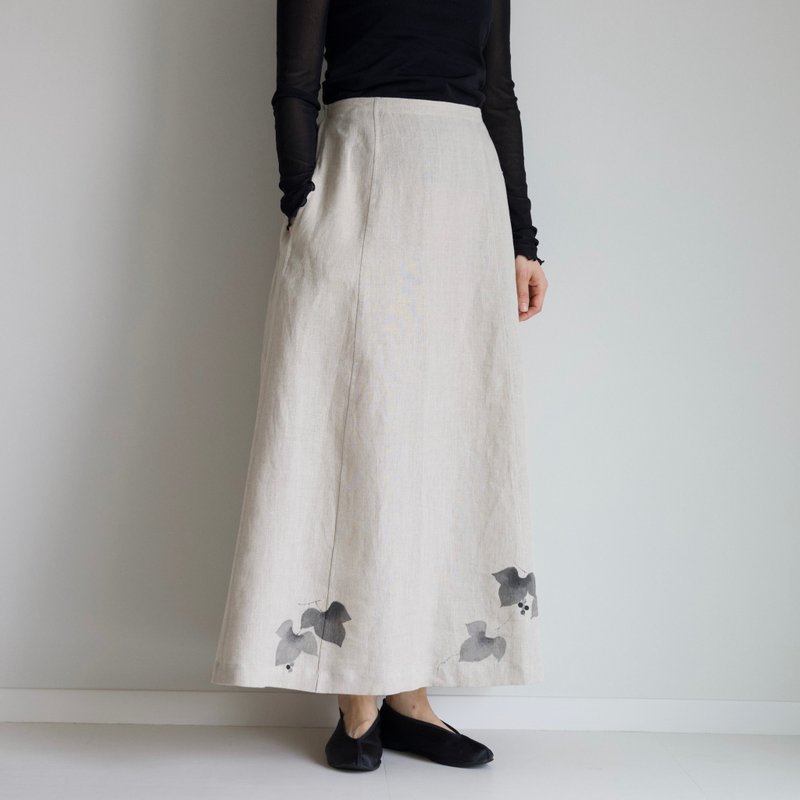 後ろギャザースカート　手描き葡萄 - 裙子/長裙 - 棉．麻 卡其色