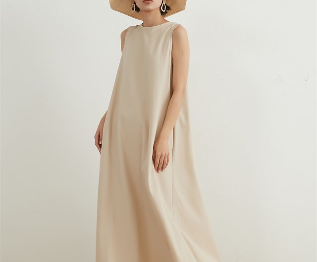 【INCHANT ME】Backhaul Linen Sleeveless Flare One Piece Linen mix A-line open back sleeveless dress - Shop On One's