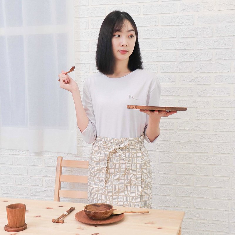 棉麻半身工作圍裙+小提袋+二重紗刺繡方巾(解密古王國-焦糖咖) - 圍裙 - 棉．麻 咖啡色