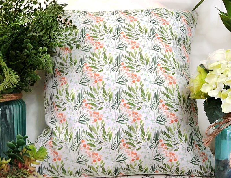 Nordic Style Orange Flower and Green Leaf Pattern Pillow Pillow Pillow Cushion Pillowcase - หมอน - ผ้าฝ้าย/ผ้าลินิน 