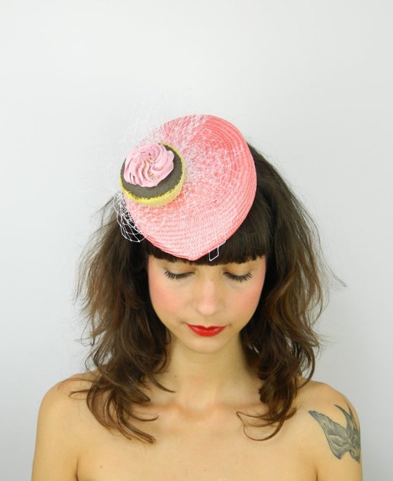 Pillbox Hat Fascinator Headpiece in Coral with Pink Cupcake and White Veil, Birthday Cockatil Party Hat, Statement Occasion Hair Accessory - Hats & Caps - Other Materials Pink
