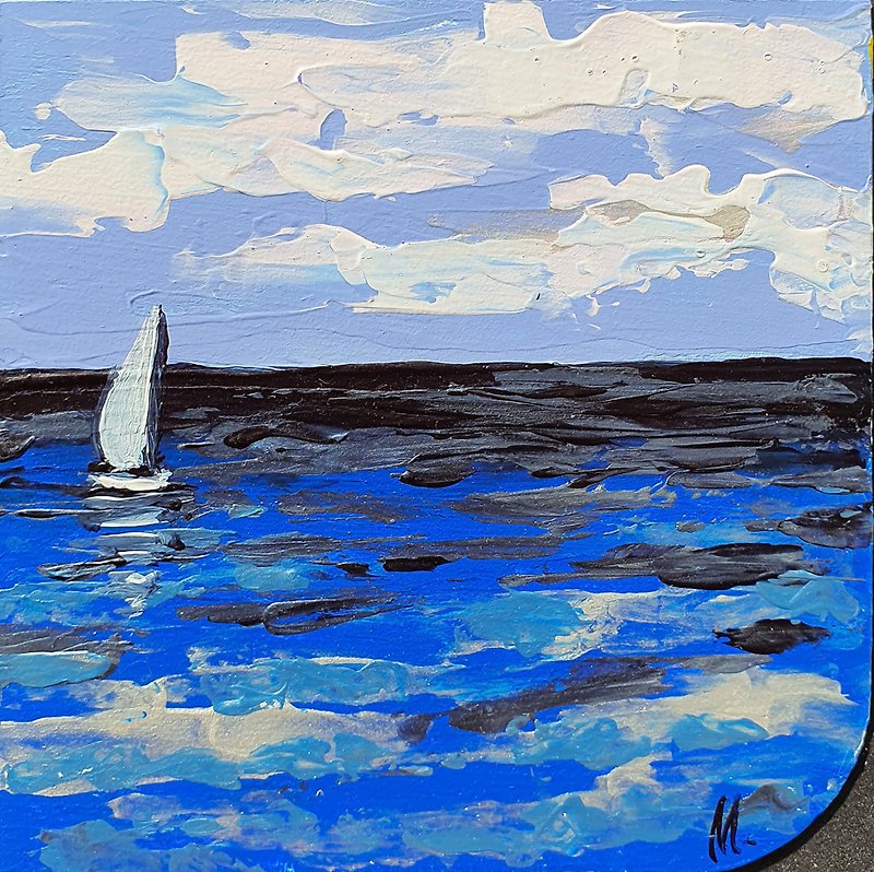 ヨット絵画海景オリジナルアート旅行オーシャンボートアートワーク小さなアクリル - ポスター・絵 - その他の素材 ブルー