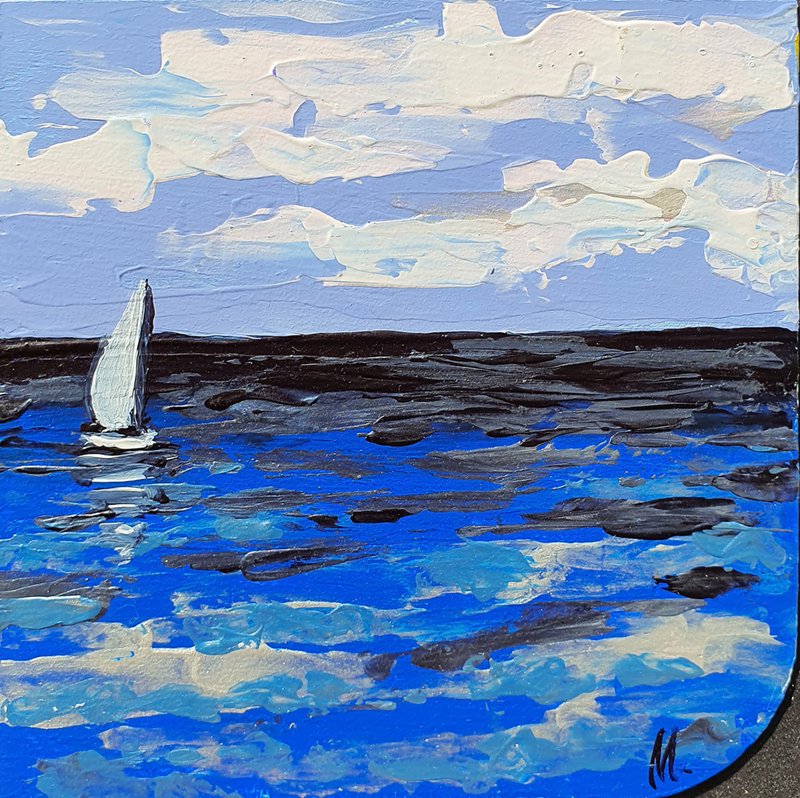 Sailboats Painting Seascape Original Art Travel Ocean Boat Artwork Small Acrylic - Posters - Other Materials Blue