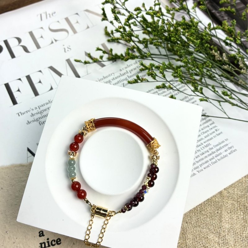 オリジナルデザイン 嫣紅流光 ハーフバングル クリスタルブレスレット レッドアゲート ブルーウォーター翡翠 ガーネット SWAROV - ブレスレット - クリスタル レッド