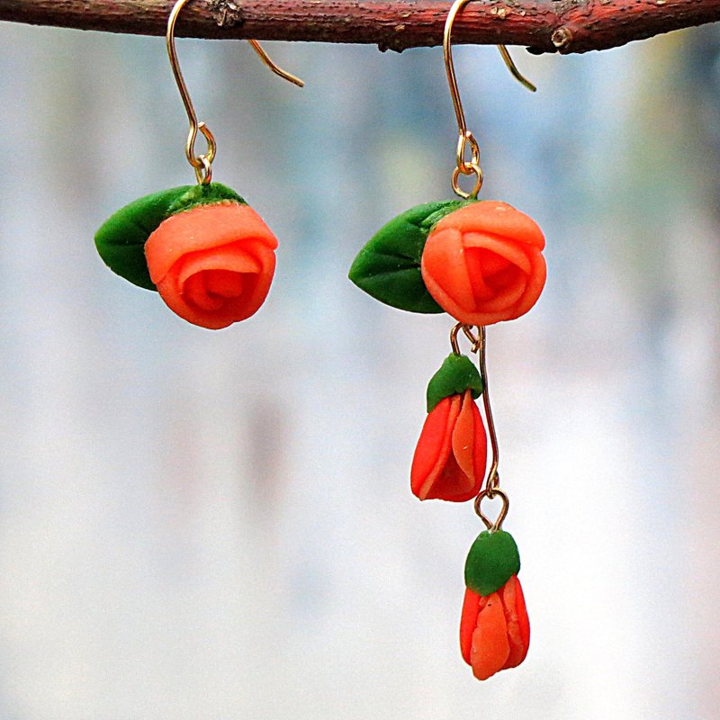 14kgf .  Paris Rose Earrings , Orange  , Charming , Valentine's Gift - ต่างหู - วัสดุอื่นๆ สีส้ม