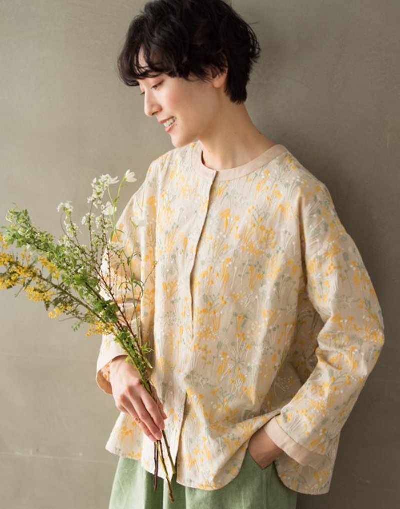 Eye-catching all-over embroidered cardigan Cotton Linen top Beige 240912-1 - Women's Tops - Cotton & Hemp 