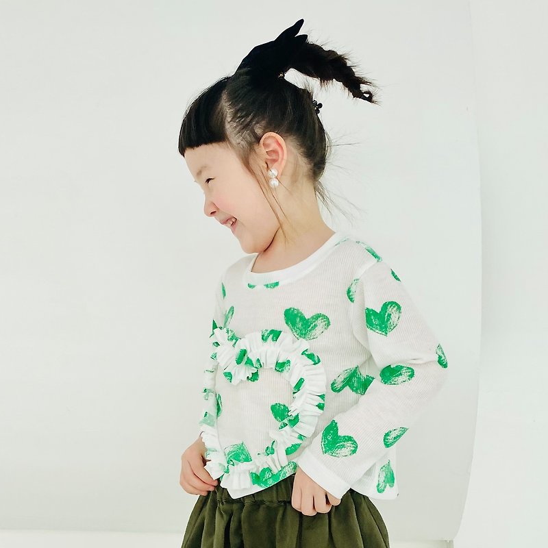 Green love casual long-sleeved T-shirt / cotton top t-shirt parent-child children&#39;s clothing