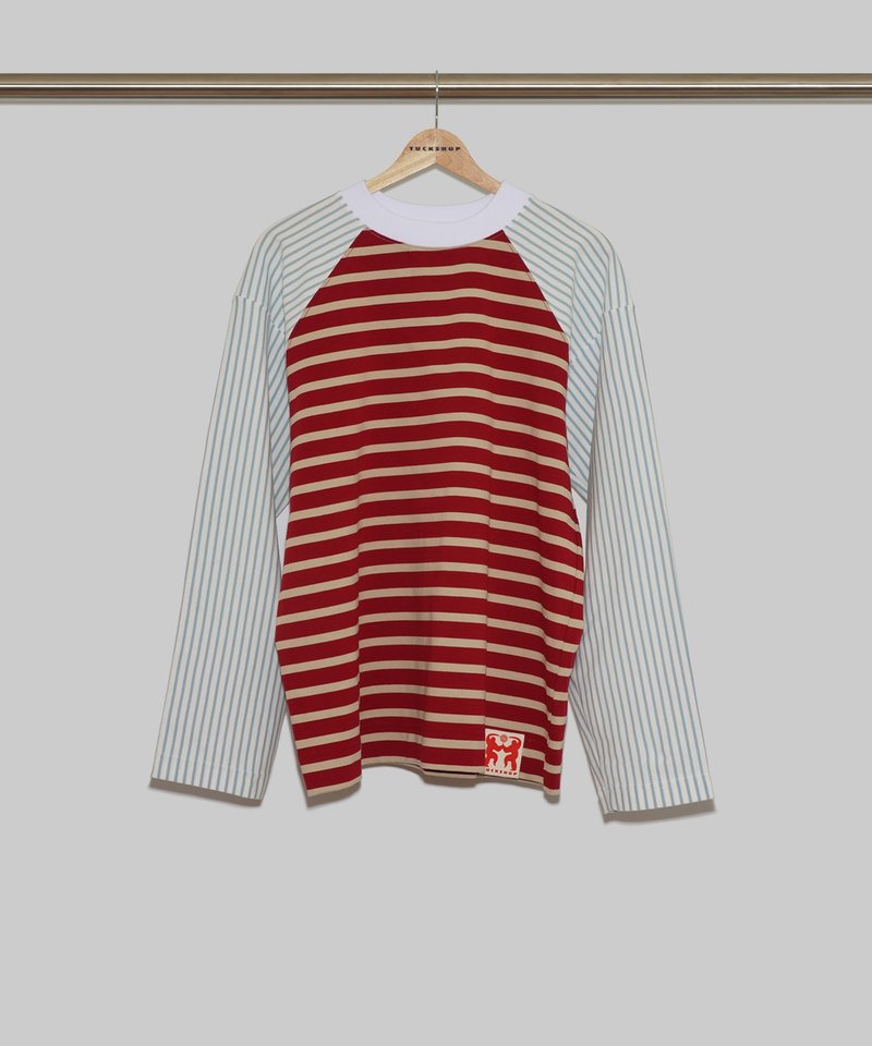 MULTICOLOR STRIPED LONG SLEEVE T-SHIRTS-RED マルチカラーストライプロングスリーブTシャツ-レッド - 帽T/大學T - 棉．麻 多色
