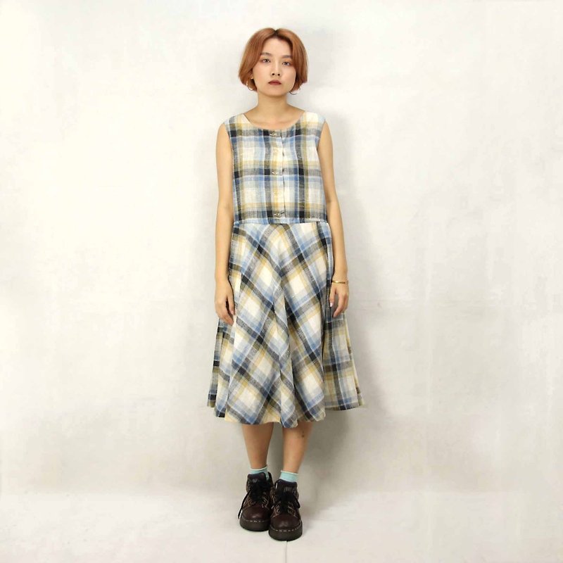 Tsubasa.Y Ancient House 012 Daily Plaid Vintage Dress, Dress Skirt Dress - ชุดเดรส - ผ้าฝ้าย/ผ้าลินิน 