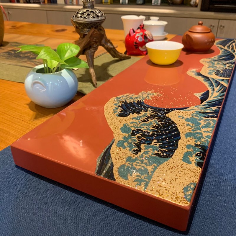 浮世繪大師葛飾北齋風格 - 神奈川沖浪裏漆器板(紅) - 擺飾/家飾品 - 木頭 