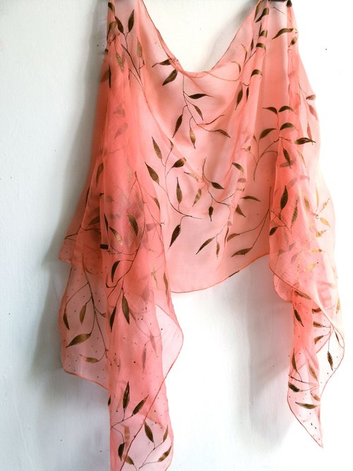 Klaradar Silk Chiffon Scarf with Copper Metallic Leaves, Salmon Hand Painted Shawl