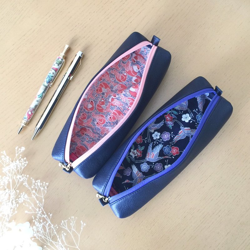 Choose your favorite color and pattern - Leather pen case - Silk / Silk Crepe - Pencil Cases - Genuine Leather Blue