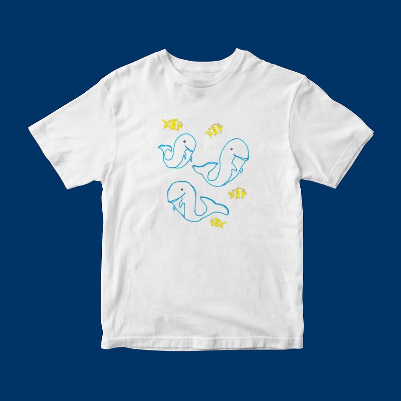 Hand Draw Dolphins and Cute Fish T-shirt White Unisex