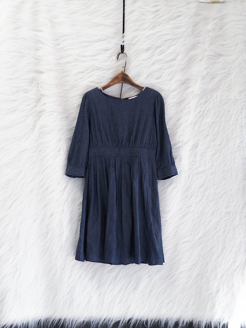 Fukui Pure Blue Wrinkle Youth Love Ocean Antique Cotton Denim Denim One-piece Dress Vintage - ชุดเดรส - ผ้าฝ้าย/ผ้าลินิน สีน้ำเงิน