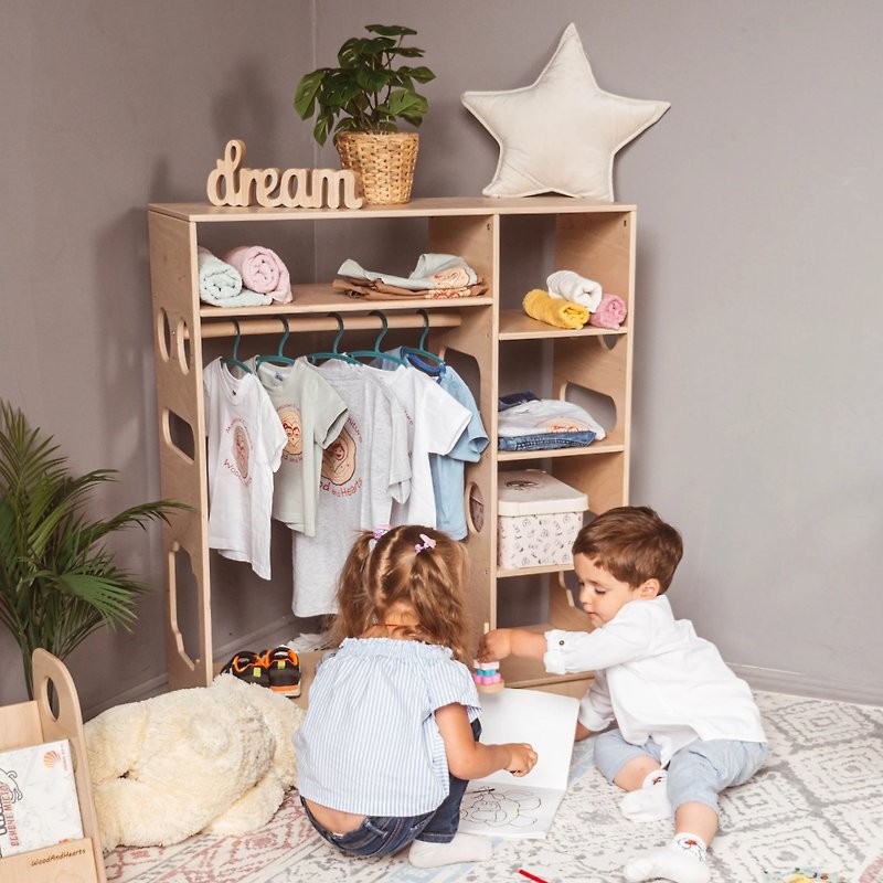 Montessori Children's Wardrobe with Clothing Rack - Kids' Furniture - Wood 