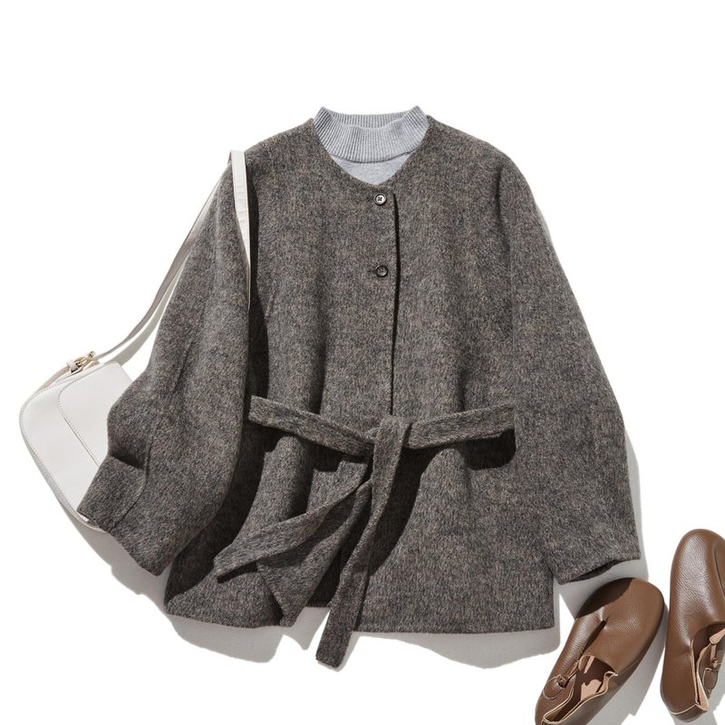 A wool coat for adults with a belt, wool blend, heathered brown, 241111-2 - เสื้อสูท/เสื้อคลุมยาว - ขนแกะ 