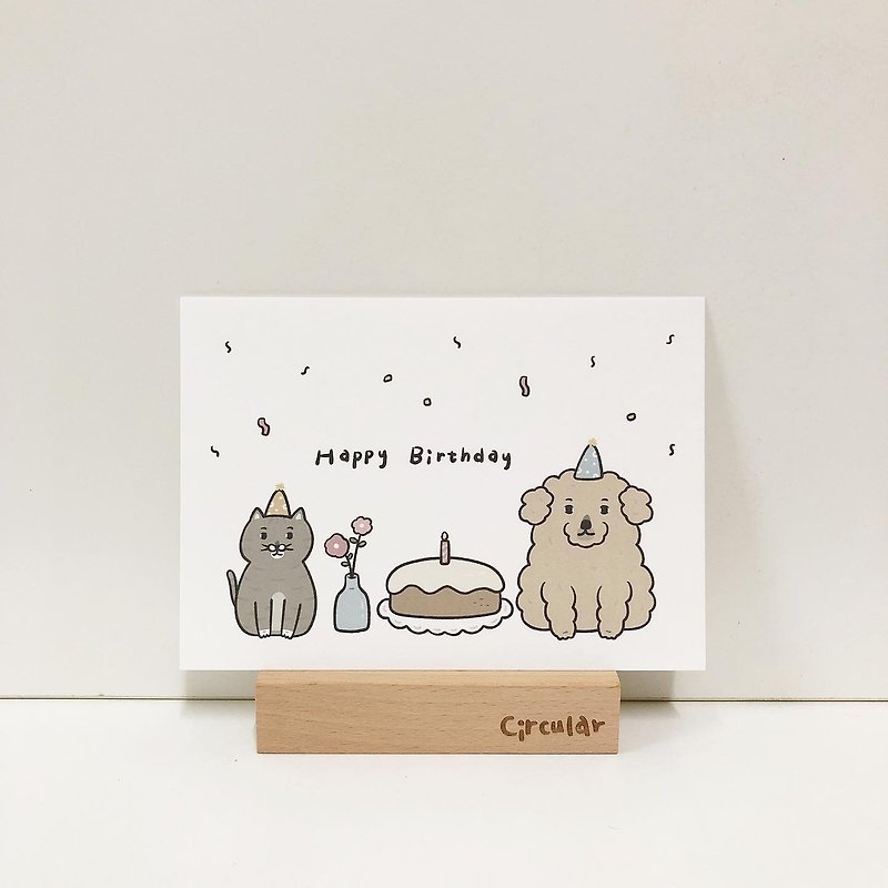 Circular round face people - poodle and cat - happy birthday / postcard - การ์ด/โปสการ์ด - กระดาษ 