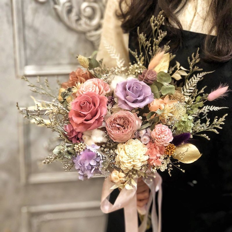 【Meet Hengjiu】Japan imported pink orange soft bouquet with box - Dried Flowers & Bouquets - Plants & Flowers 