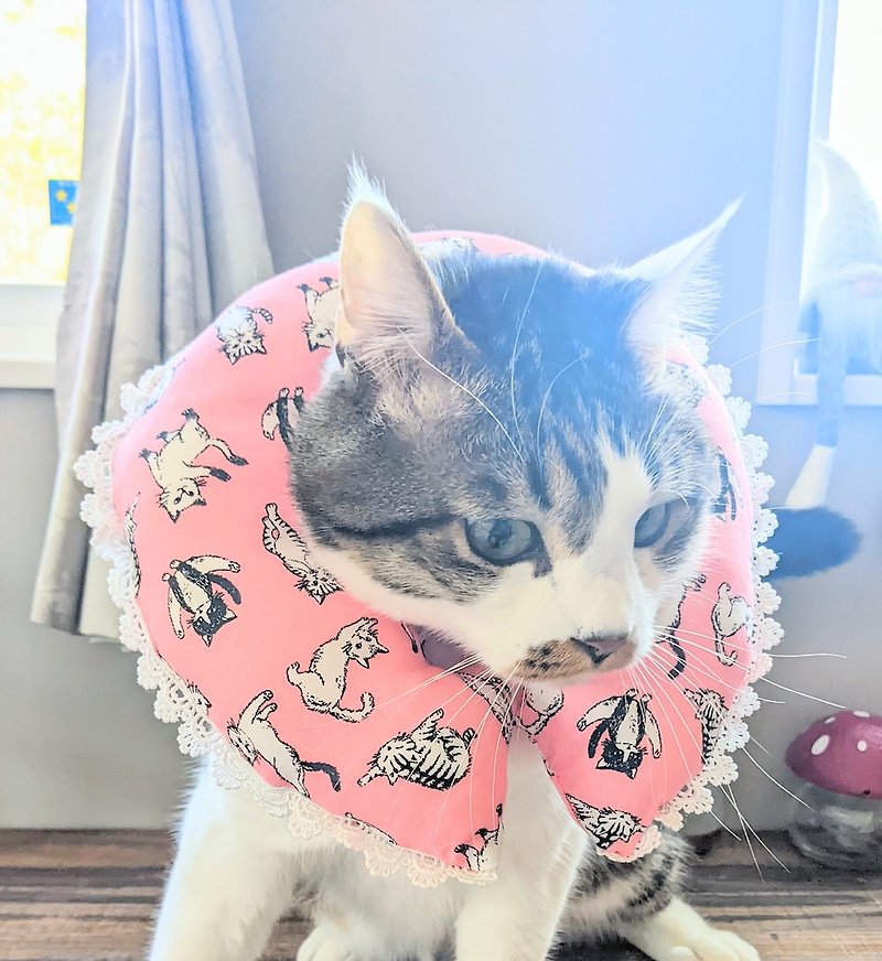Round and soft Elizabeth collar like a neck pillow Prevents licking wounds Prevents scratching Post-surgery collar for cats - ปลอกคอ - ผ้าฝ้าย/ผ้าลินิน สึชมพู
