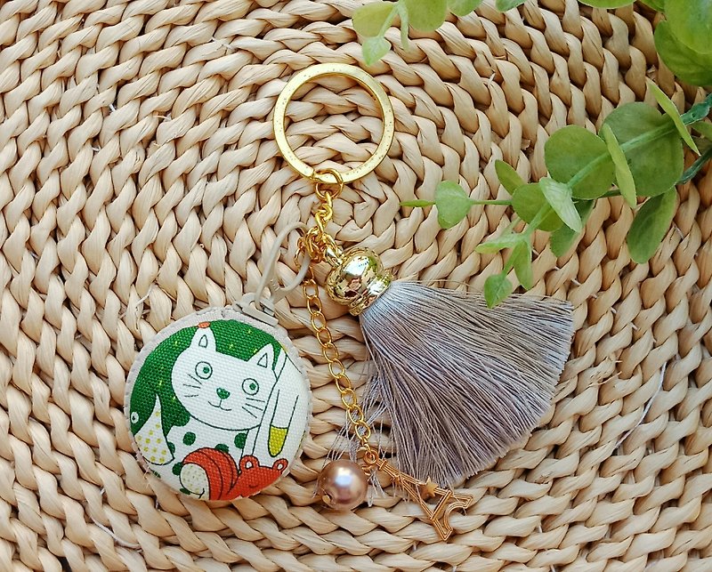 【馬卡龍鑰匙圈】綠色貓咪 - 鑰匙圈/鎖匙扣 - 棉．麻 綠色
