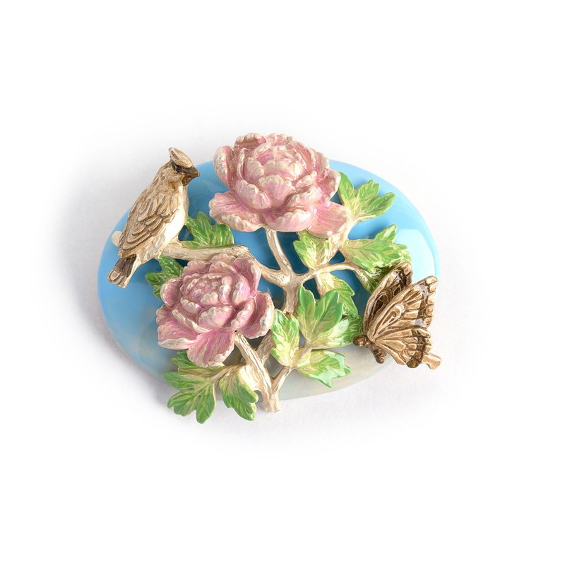 Renjaku Ranman Brooch Peonies, Butterfly, and Bird PB148 - Brooches - Other Metals Blue